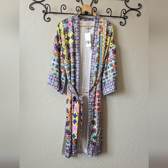 Zara Satin Multicolor Long Kimono Robe - Picture 5 of 9